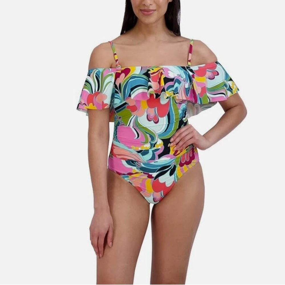 BCBGMAXAZRIA Multi Ruffle Off The Shoulder One-piece Swimsuit Size M